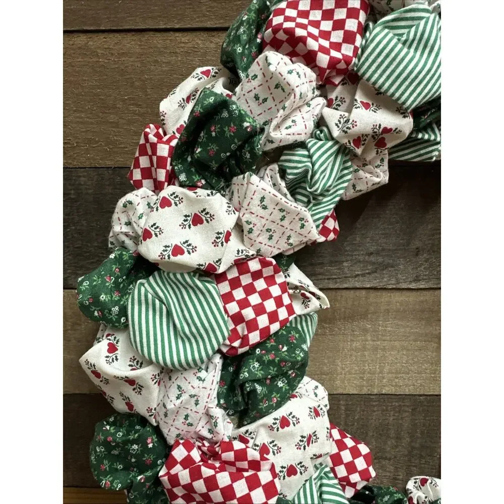 Christmas Themed Rag Wreath Handmade Red White Green Holiday Festive Decor 17”